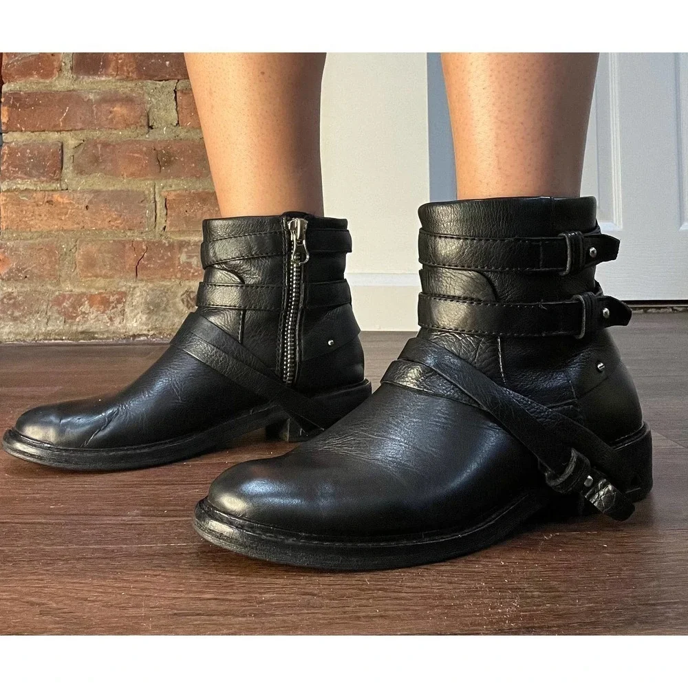 Dolce Vita Kiera Black Leather Moto Harness Ankle Boots Size 8